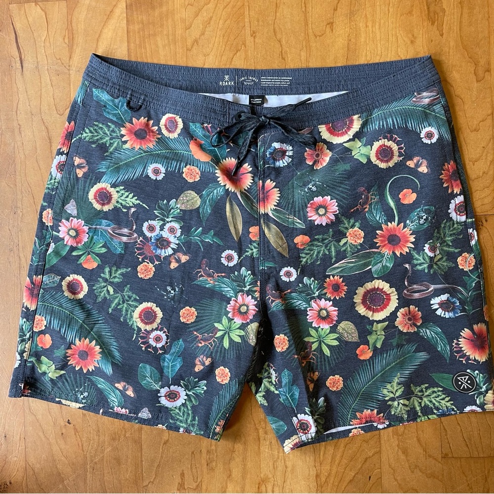 Roark Floral Black Board Shorts with Green and Orange Accents
